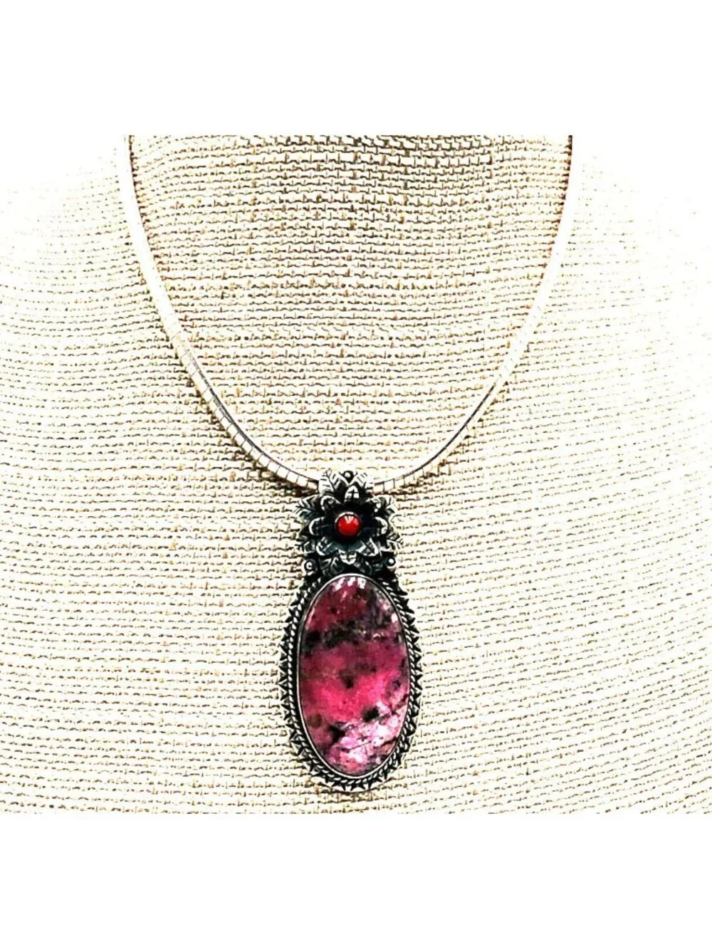 Southwest Necklace Sterling Silver Rhodonite Pendant 16 Inch 60 Gram
